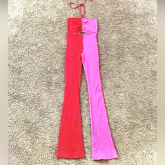naked wardrobe Pants - Naked Wardrobe Set Outfit Red Pink Crop Top Flare Leggings Colorblock Tall S
